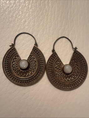 Boho Antique Gold Filigree Hoop Earrings with White Stone